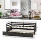 Twin size trundle platform bed frame in dark brown with wooden slat support, ideal for space-saving in any room.