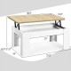 Lift top coffee table in white with a wooden surface, adjustable height, and hidden storage for versatile use.