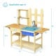 Kid's outdoor wooden pretend cook kitchen playset made of natural fir wood, featuring a blue basin and open shelves for.
