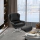 Black 360° swivel leather lounge chair with ottoman, featuring an aluminum alloy base for versatile living room decor.