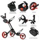 Folding 3-wheeled golf push cart in red with adjustable handle, foot brake, and scoreboard holder for easy.