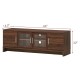 Walnut media entertainment TV stand for TVs up to 70 inches, featuring adjustable shelves and tempered glass doors.
