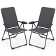 Two gray outdoor folding patio chairs with adjustable backrests, made of steel and oxford fabric, ideal for bistro and.