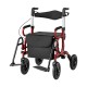 Foldable red rollator walker with seat, 9-inch pneumatic tires, adjustable height, and storage pocket for seniors.