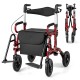 Foldable red rollator walker with seat, pneumatic tires, adjustable height, and storage pocket for seniors' mobility.