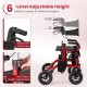 2-in-1 foldable rollator walker with adjustable height, ergonomic hand grips, and pneumatic tires for seniors in red.