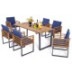 Outdoor acacia wood dining table set with six navy cushioned chairs, perfect for backyard or poolside gatherings.