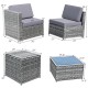 Gray wicker sofa set with cushions and storage table, featuring durable rattan and iron frame for indoor or outdoor use.