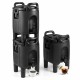 Stacked set of three 2.6 Gal insulated beverage dispensers in black, ideal for catering and outdoor events.