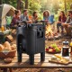 Black insulated beverage dispenser with handles, perfect for camping and parties, featuring triple-layer insulation and.