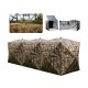 Modular 2-6 person hunting blinds with camouflage pattern and one-way see-through panels for stealthy game tracking.