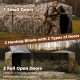 Two hunting blinds featuring small and full open doors, designed for stealth and accessibility in camouflage pattern.