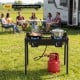 Two-burner propane stove with adjustable regulator and hose, ideal for camping BBQ and outdoor cooking.