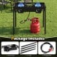 2 Burner propane stove with adjustable regulator and hose, featuring cast iron burners for high-heat cooking outdoors.