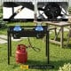 2 Burner propane stove with adjustable regulator and cast iron burners, ideal for camping BBQ and outdoor cooking.