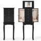 Black standing jewelry armoire with mirror, featuring 4 drawers and 8 hooks for organized storage of necklaces and.