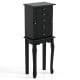 Elegant black jewelry armoire with 4 drawers, mirror, and necklace hooks, perfect for organized storage and display.