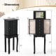 Black jewelry armoire dimensions showing 4 drawers, mirror, and necklace storage, ideal for organized accessory display.