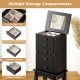 Jewelry armoire in black with mirror, featuring 4 drawers, 8 necklace hooks, and multiple storage compartments.