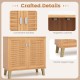 2-door shoe cabinet with ventilated woven doors, teak finish, and sturdy support legs for stylish shoe storage.