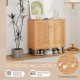 Mid century shoe cabinet with ventilated woven doors, teak wood grain, and 4-tier storage for organized footwear.