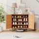 2-door, 4-tier shoe cabinet in teak with ventilated woven doors, perfect for organizing shoes in entryway or living.