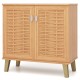2-door shoe cabinet with ventilated woven doors, teak wood finish, and 4 removable shelves for organized storage.