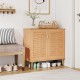 2-door shoe cabinet with ventilated woven doors, teak finish, featuring 4 tiers for organized shoe storage in entryway.