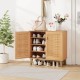 2-door 4-tier shoe cabinet in teak with ventilated woven doors, perfect for organized shoe storage in entryway or.