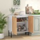 2-door buffet cabinet in white and natural wood, featuring metal legs and enclosed shelves for organized kitchenware.