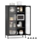 5-tier black metal storage cabinet with adjustable shelves and semi-transparent doors for organized kitchen storage.