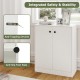 2-door white storage cabinet featuring anti-tipping devices and anti-slip foot pads, perfect for kitchen or living room.