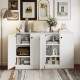 White 2-door storage base cabinet showcasing a 3-tier shelf, perfect for decorative items and efficient organization in.