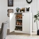 White 2-door storage base cabinet with 3-tier shelf, ideal for kitchen or living room organization and easy maintenance.