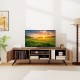 2-door TV stand in oak with open shelves, designed for TVs up to 65 inches, perfect for organizing media accessories.