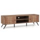 2-Door TV stand in oak finish with open shelves and cabinets, designed for TVs up to 65 inches, perfect for media.