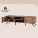 Dimensions of the 2-Door TV Stand in oak, featuring open shelves and enclosed cabinets for organized media storage.