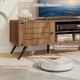 2-door TV stand in oak with open shelves, designed for TVs up to 65 inches, featuring 6 raised support legs for.