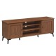 Mid-century modern 2-door TV stand in brown with adjustable shelves and cable management, suitable for TVs up to 65.
