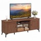 Mid-century modern 2-door TV stand in brown, featuring adjustable shelves and cable management for TVs up to 65 inches.