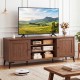 Mid-century modern 2-door TV stand in brown, featuring adjustable shelves and open compartments for TVs up to 65 inches.