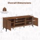 Mid-century modern 2-door TV stand with dimensions, adjustable shelves, and sturdy metal legs for TVs up to 65 inches.