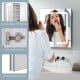 Double-sided HD mirror cabinet with lights, soft-closing hinges, and adjustable shelves for bathroom convenience.