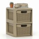 Compact 2-drawer storage organizer in brown with wicker patterns, perfect for corners and versatile use in any room.