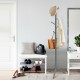 Gray wooden coat rack with 8 hooks, adjustable height, and sturdy base, ideal for entryway or living room organization.