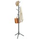 Gray wooden coat rack with 8 hooks, adjustable height, and stable 3-prong base, ideal for entryway or bedroom use.