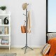 Gray wooden coat rack with 8 hooks, adjustable height, and stable 3-prong base for versatile use in any room.