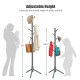 Gray wooden coat rack with adjustable height, featuring 8 hooks for clothing and bags, ideal for various rooms.