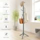 Gray wooden coat rack with 8 hooks, featuring a compact design and tool-free assembly, perfect for saving space in any.