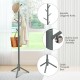 Gray wooden coat rack with 8 hooks, adjustable height, and stable triangular base for versatile use in any room.